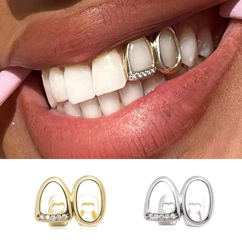 Street Fashion Jewelry - Iced Out Zircon Double Hollow Teeth