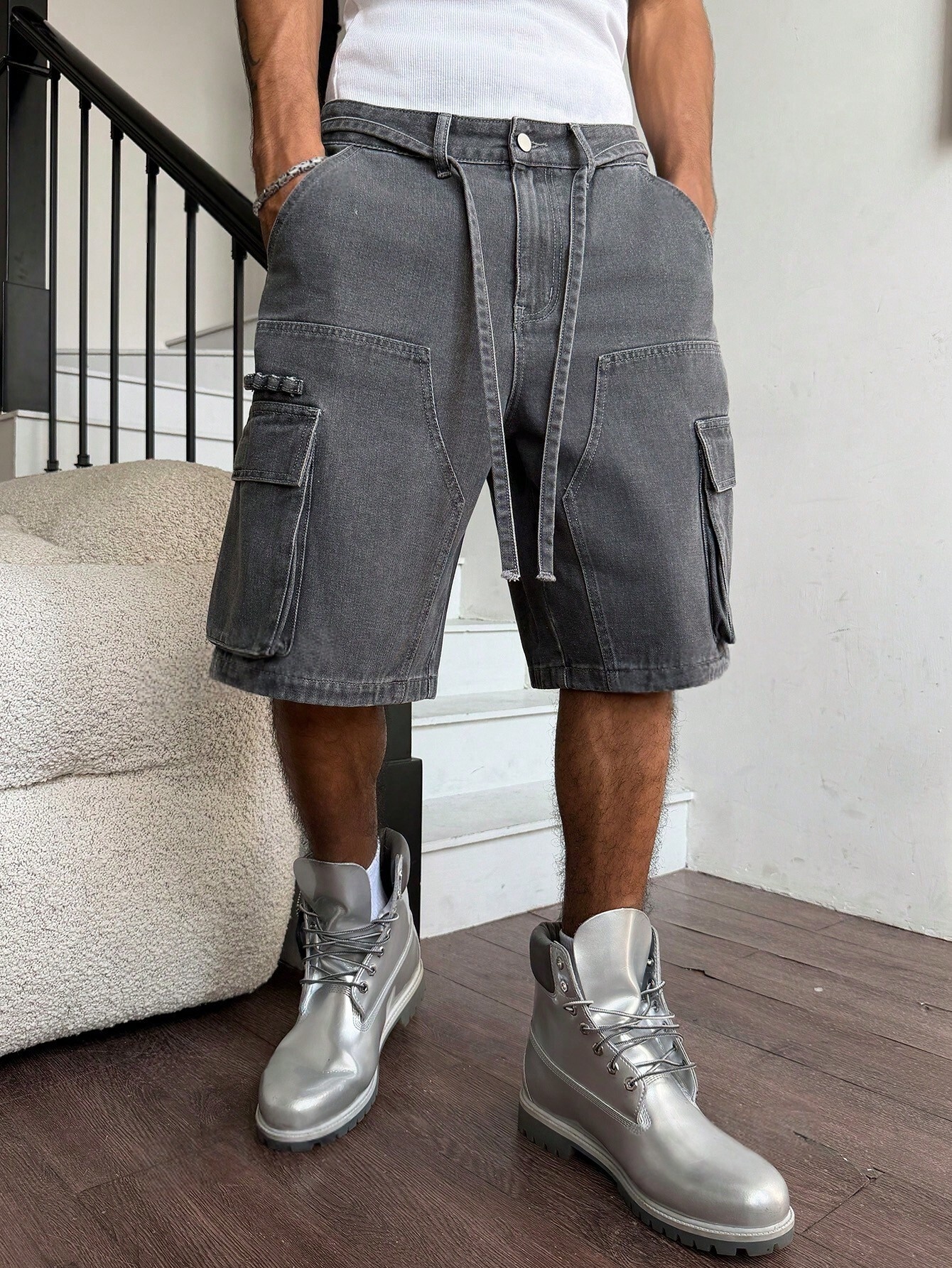 Men Grey Washed Cargo Denim Sh - đánh giá và giá Street Fashion Baggy