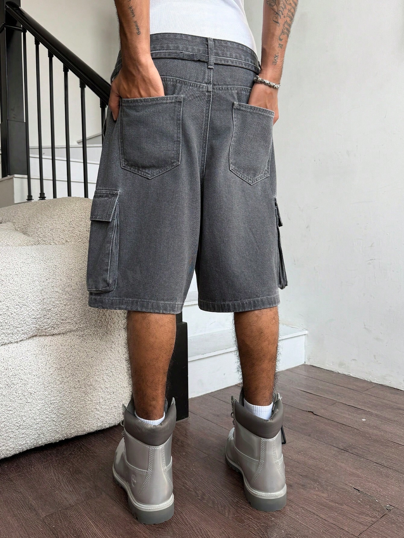 Men Grey Washed Cargo Denim Sh - đánh giá và giá Street Fashion Baggy