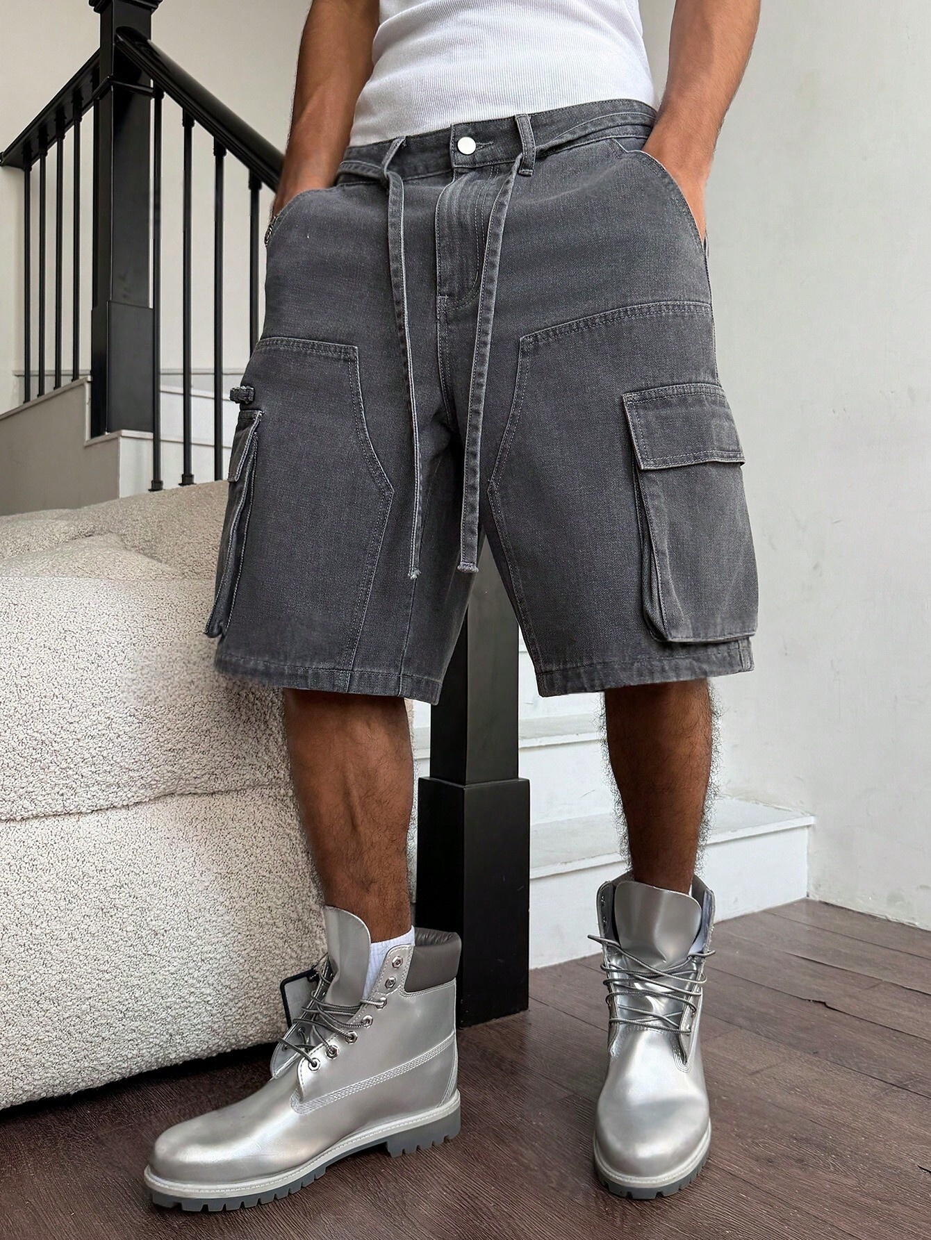 Men Grey Washed Cargo Denim Sh - đánh giá và giá Street Fashion Baggy