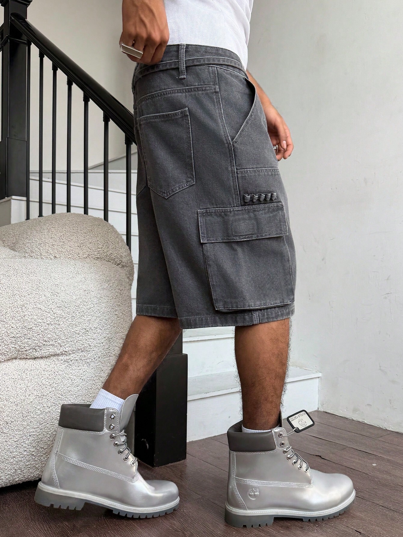 Men Grey Washed Cargo Denim Sh - đánh giá và giá Street Fashion Baggy